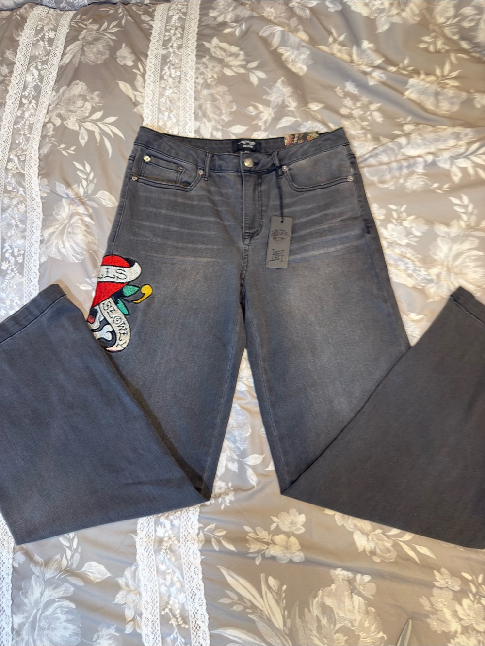 Ed Hardy Gray Wide-Leg Jeans with Colorful Embroidered Patch